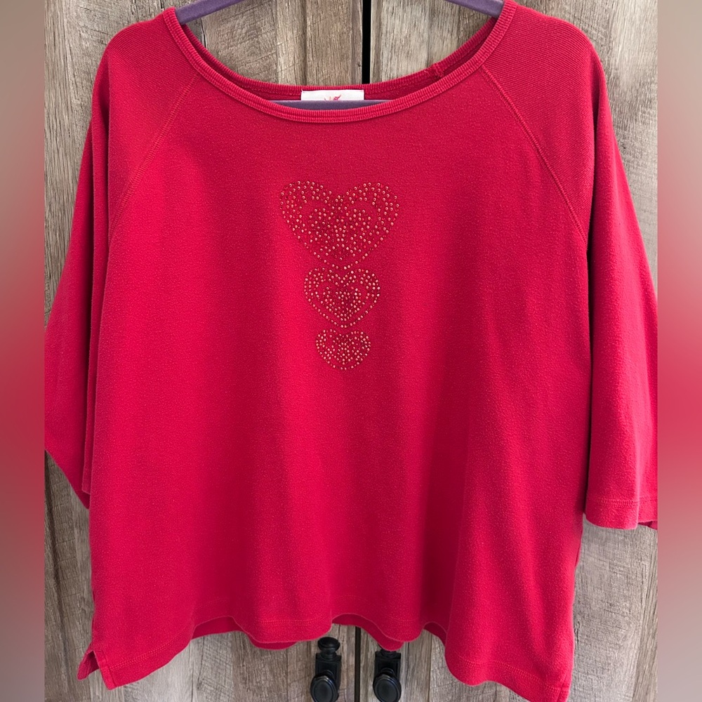 ❤️Quacker Factory XL cotton Red bling hearts 3/4 sleeve Tshirt valentines